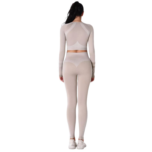 Khaki Seamless Knit Long Sleeve Pant Yoga Set TQE91372-21