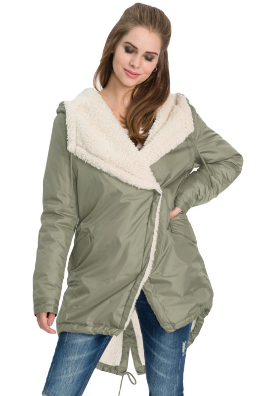Khaki Asymmetric Hooded Fleece Winter Coat