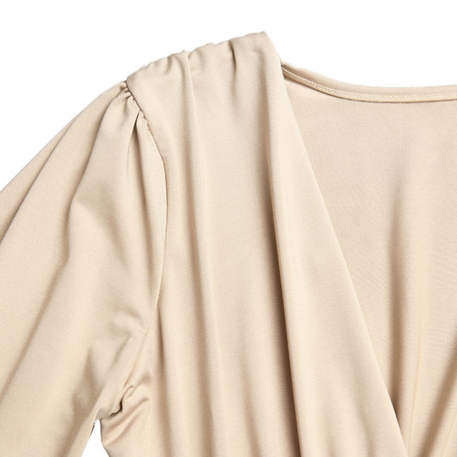 Khaki Deep V Neck Pleated Long Sleeve Bodysuit TQK550214-21