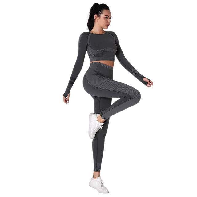 Black Seamless Knit Long Sleeve Pant Yoga Set TQE91372-2