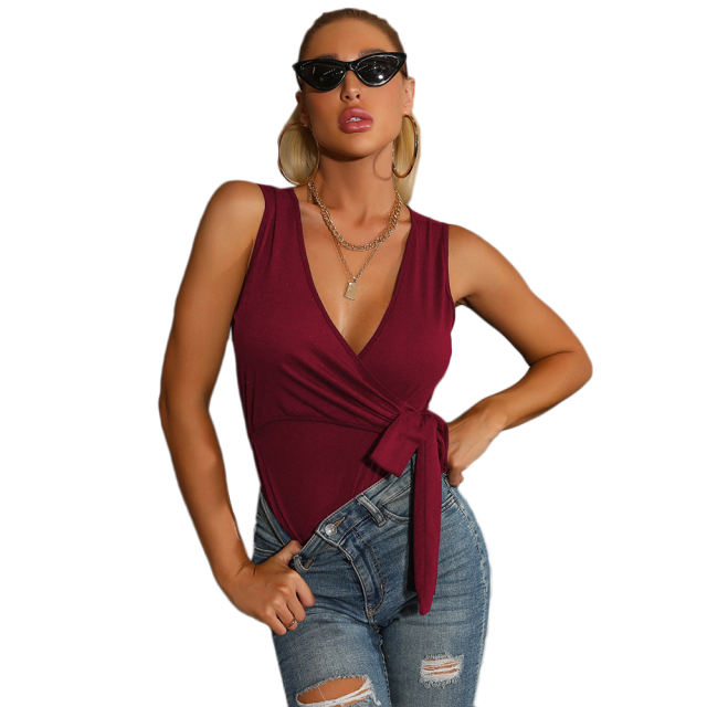 Wine Red Front Knotted V Neck Bodysuit TQK550232-23