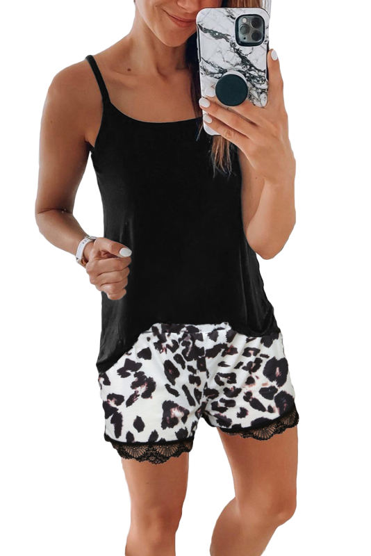 Black Tank Top and Leopard Lace Trim Shorts Loungewear Set LC451849-2