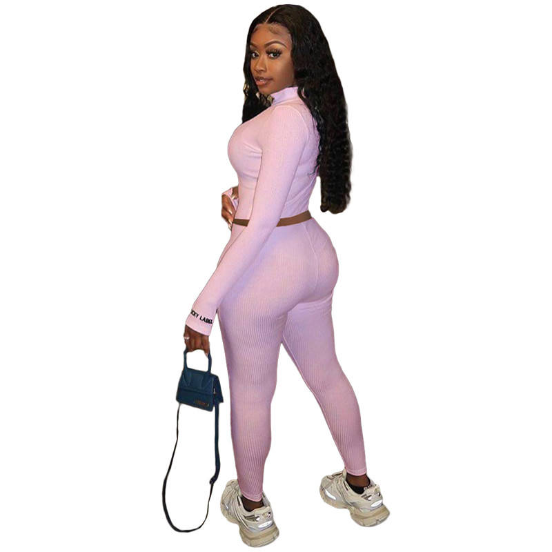 Light Pink Cotton Blend Zipper Datail Long Sleeve Top with Pant Set TQK710132-39