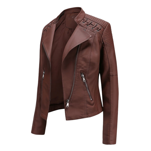 Coffee Zipper Slim Fit Motorcycle PU Leather Jacket TQK280090-15