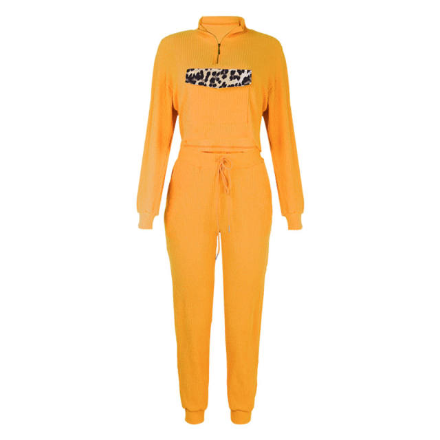 Yellow Zipper Up Leopard Detail Sweatshirt with Pant Set TQK710222-7