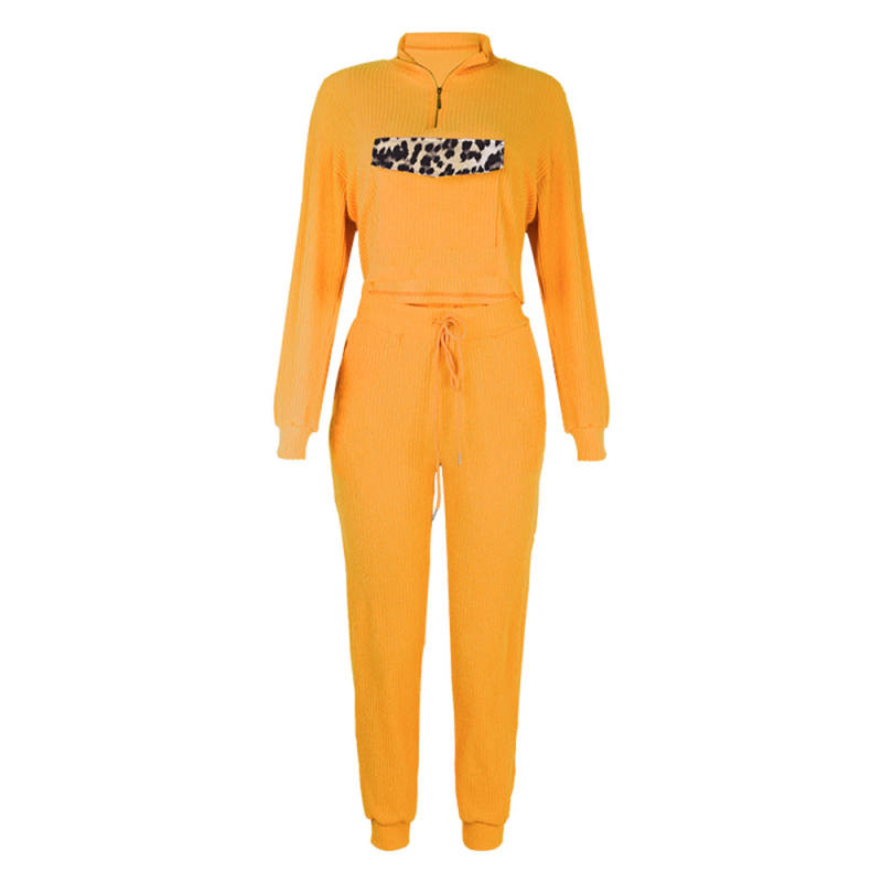 Yellow Zipper Up Leopard Detail Sweatshirt with Pant Set TQK710222-7