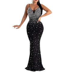 Black Rhinestone Open Back Mermaid Maxi Dress TQK311126-2