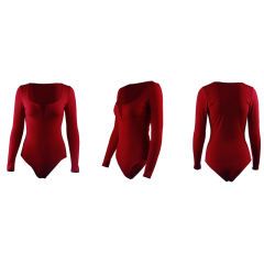Wine Red Deep V Long Sleeve Bodysuit TQK550156-103