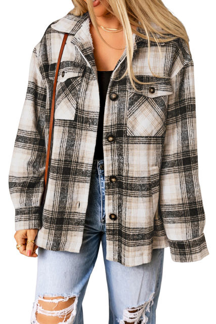 Black Vintage Plaid Fleece Lining Jacket LC854187-2