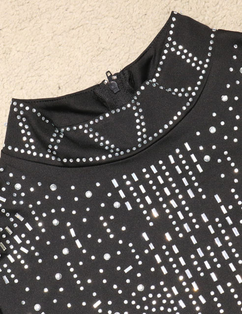 Black Rhinestone Long Sleeve Crop Tops and Tassels Skirt Set TQV810016-2