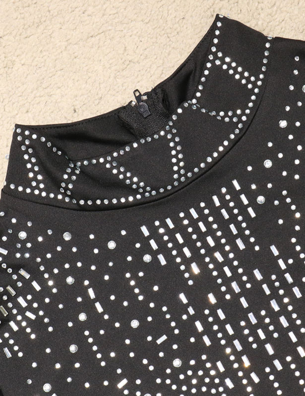 Black Rhinestone Long Sleeve Crop Tops and Tassels Skirt Set TQV810016-2