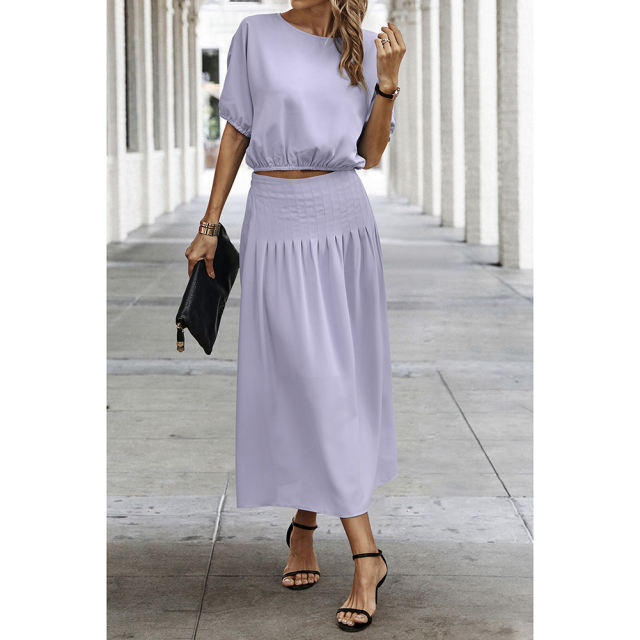 Light Purple Pleated Crop Top with Skirt Set TQX711094-38