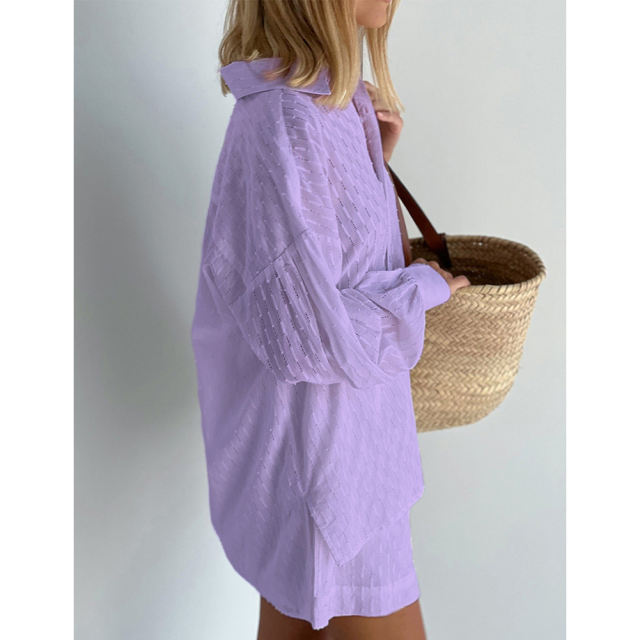 Purple Hollow-out Jacquard Long Sleeve Shirt with Shorts Set TQF711040-8