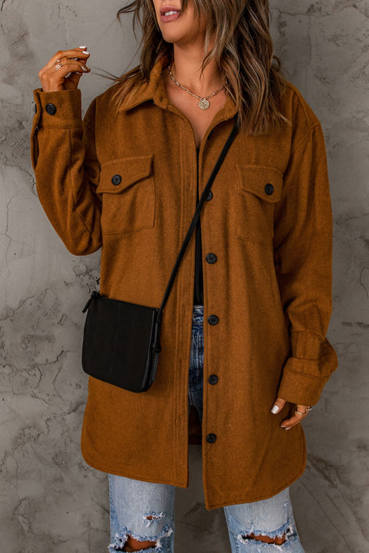 Brown Long Sleeve Pockets Buttoned Shirt Jacket LC8512409-17