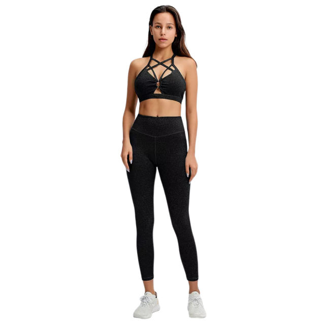 Black Front Criss-cross Bra with Pant Yoga Set TQE91346-2