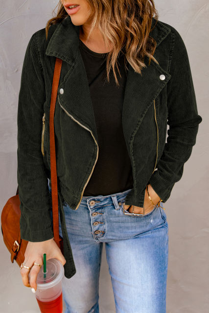 Buckle Belted Zip Up Corduroy Jacket LC8512435-9