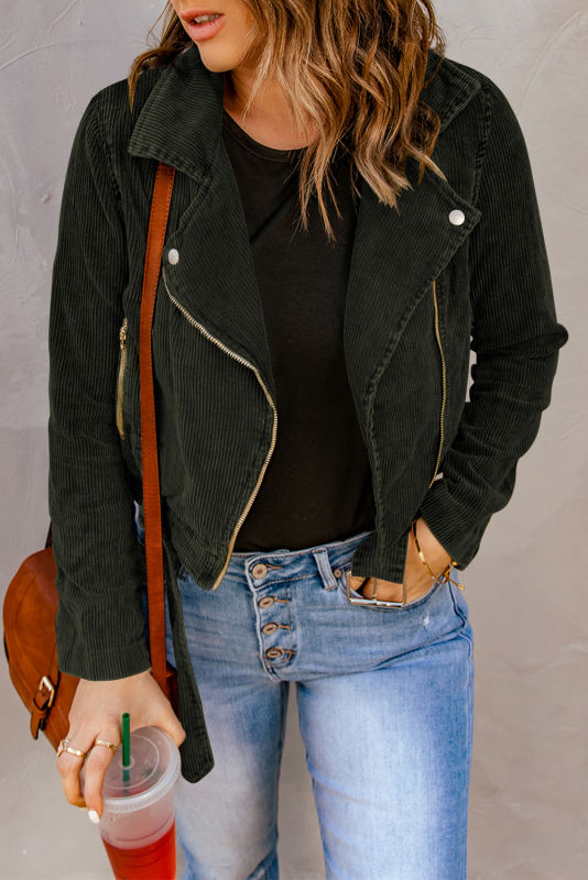 Buckle Belted Zip Up Corduroy Jacket LC8512435-9