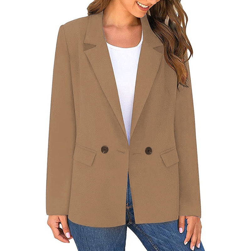 Coffee Lapel Collar Button Solid Color Blazer TQK260054-15