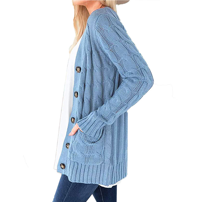 Blue Button Down Pocketed Knit Cardigan TQK271080-5