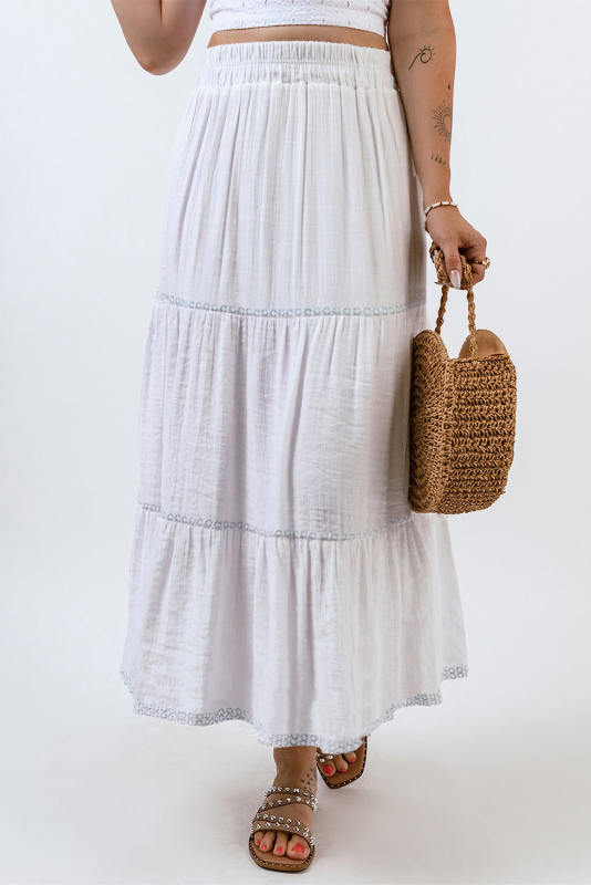 White Tiered Lace Crochet High Waist Maxi Skirt LC721289-1