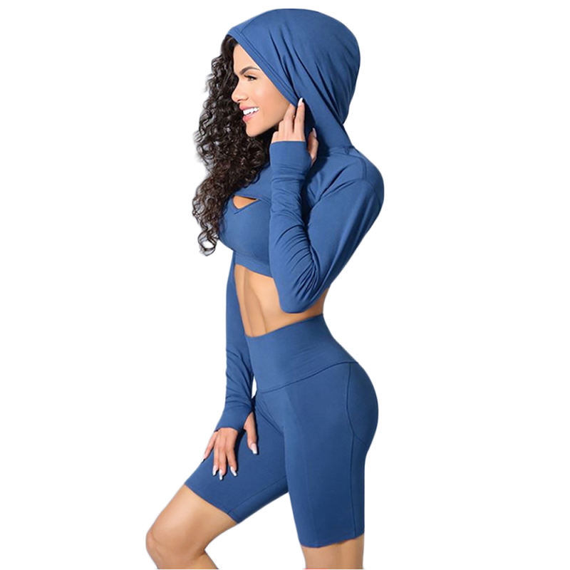 Slate Blue 3pcs Yoga Bra Crop Hoodie and Shorts Set TQE91365-55