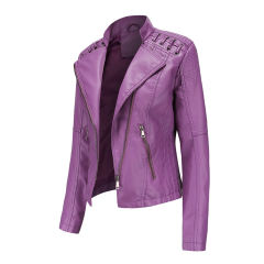 Purple Zipper Slim Fit Motorcycle PU Leather Jacket TQK280090-8