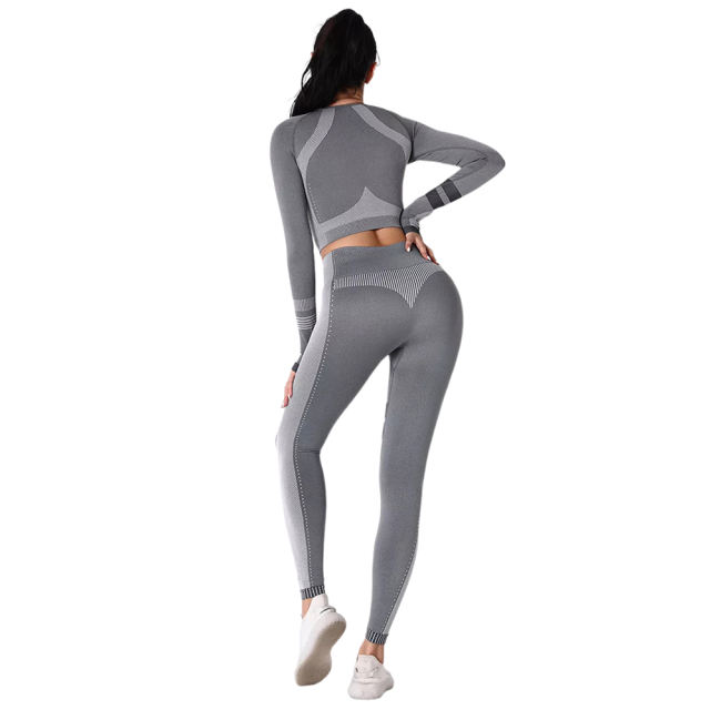 Dark Gray Seamless Knit Long Sleeve Pant Yoga Set TQE91372-26