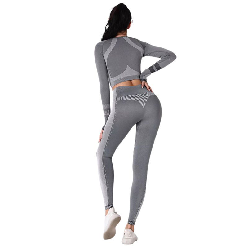 Dark Gray Seamless Knit Long Sleeve Pant Yoga Set TQE91372-26