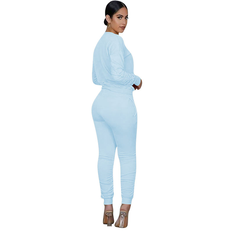 Light Blue Cotton Blend Sweatshirt Joggers Loungewear Set TQK710133-30