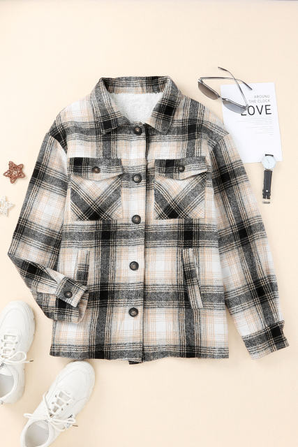 Black Vintage Plaid Fleece Lining Jacket LC854187-2