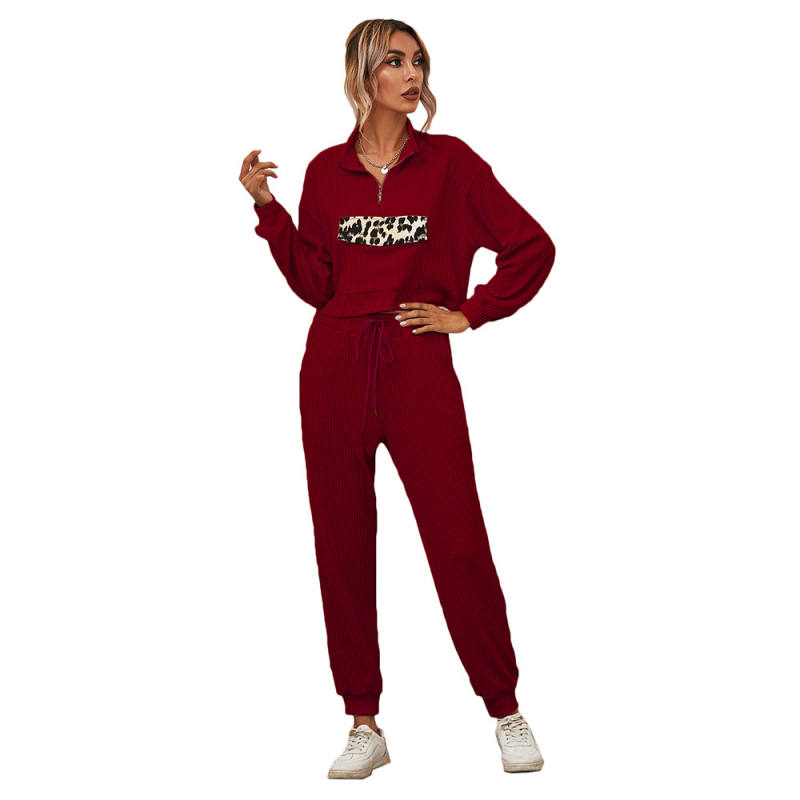 Wine Red Zipper Up Leopard Detail Sweatshirt with Pant Set TQK710222-103