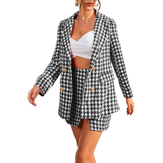 Black Plaid Print Blazer and Button Split Skirt Set TQF711046-2