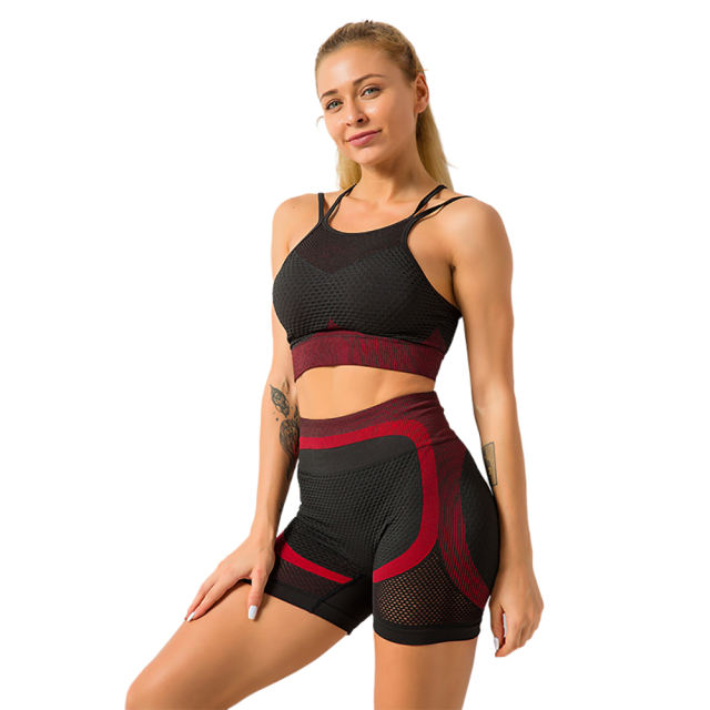 Red Splice Black Sports Bra With Shorts Set TQK710234-3