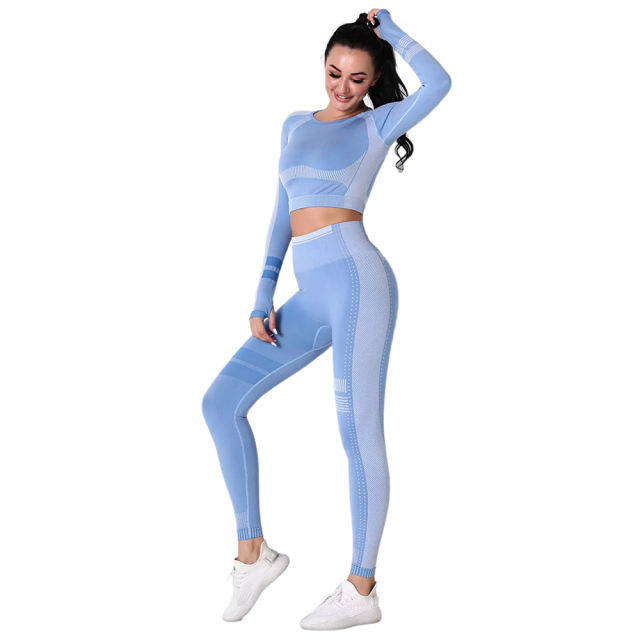 Light Blue Seamless Knit Long Sleeve Pant Yoga Set TQE91372-30