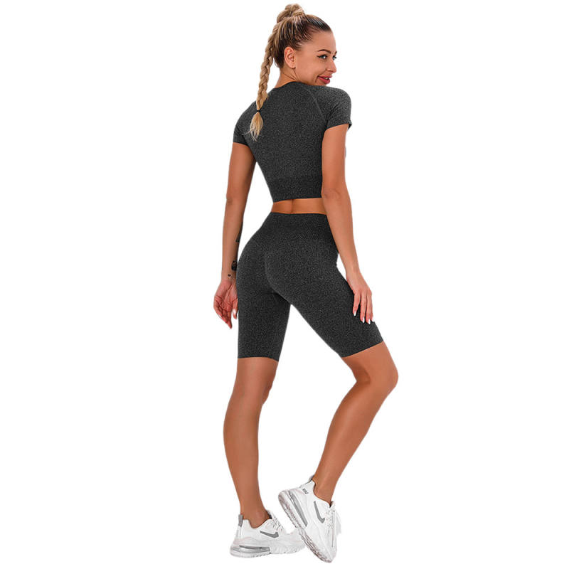 Dark Gray Seamless Short Sleeve Yoga Sports Set TQE00138-26