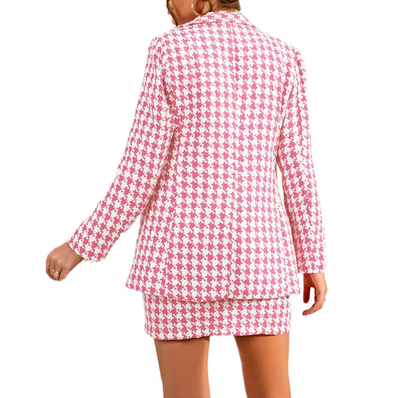 Pink Plaid Print Blazer and Button Split Skirt Set TQF711046-10