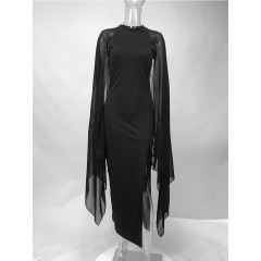 Black Crepe Flared Sleeve Bodycon Maxi Dress LCSN070-2