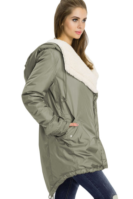 Khaki Asymmetric Hooded Fleece Winter Coat