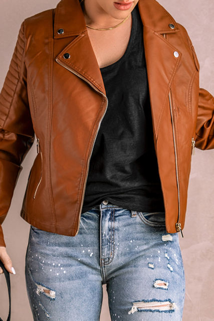 Brown Ribbed Seam Detail Faux Leather Zipped Motorcycle Jacket LC8512444-17