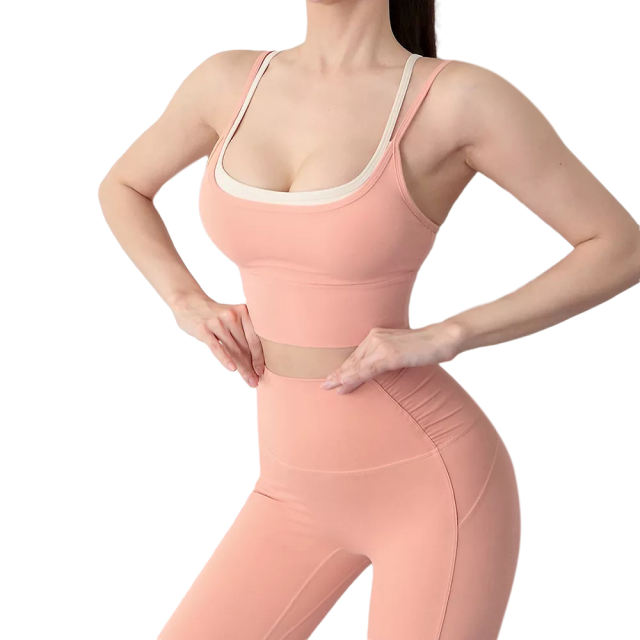 Pink Fake Two-pieces Bra with Pant Yoga Set TQE91350-10