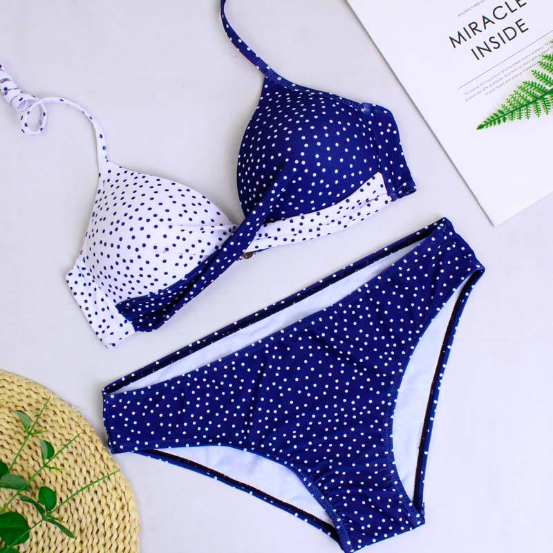 Navy White Dot Halter Bikini Swimsuit TQK610119-34
