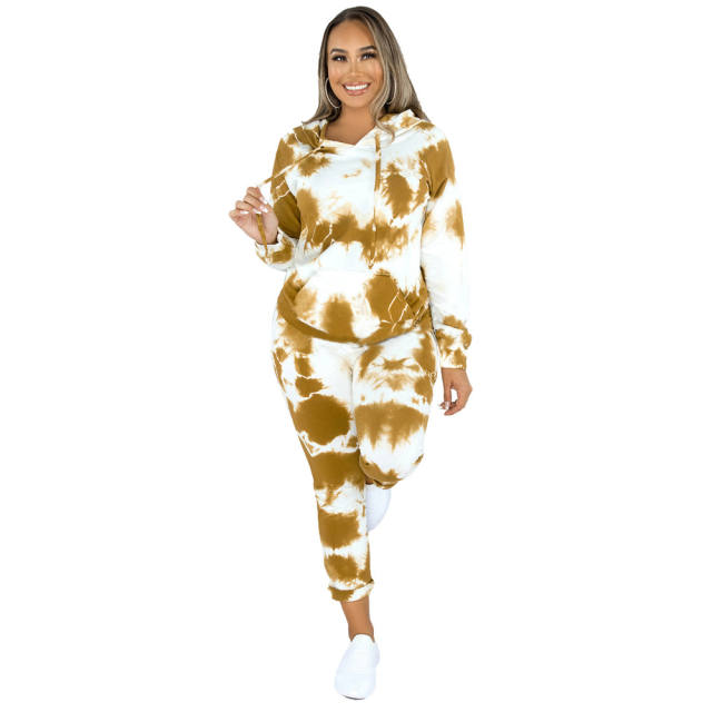 Yellow Tie Dye Print Hoodies with Pant Set TQK710224-7