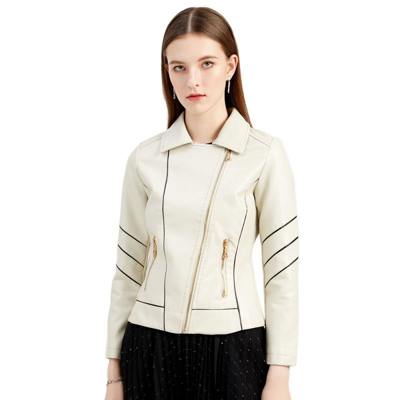 Beige Turn Down Slim Fit PU Leather Jacket TQK280095-46