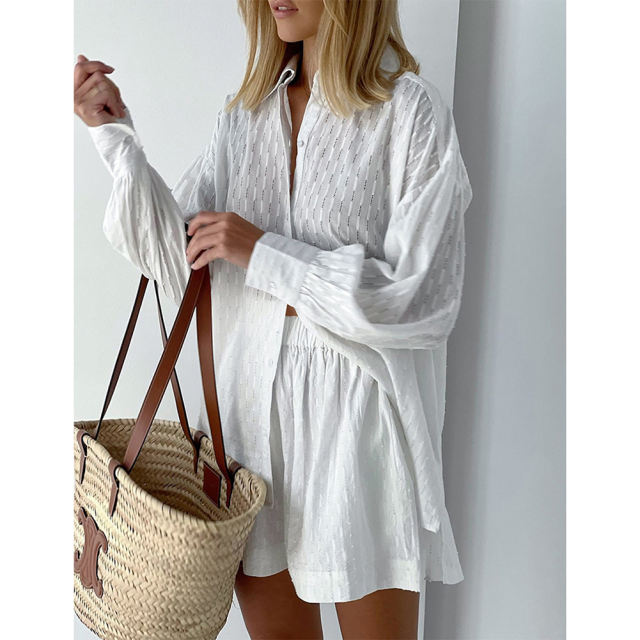 White Hollow-out Jacquard Long Sleeve Shirt with Shorts Set TQF711040-1