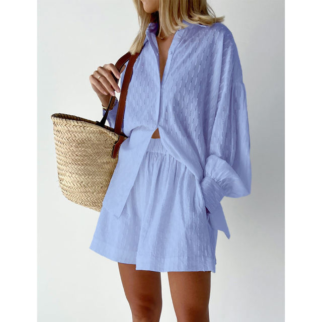 Blue Hollow-out Jacquard Long Sleeve Shirt with Shorts Set TQF711040-5