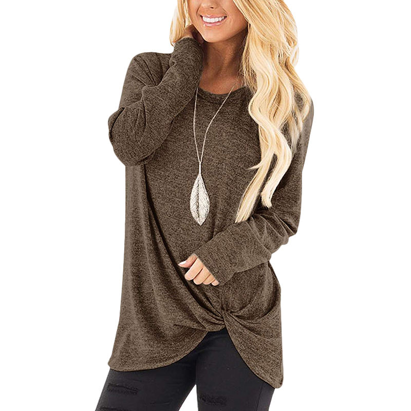 Coffee Long Sleeve Side Twist Knotted Blouse