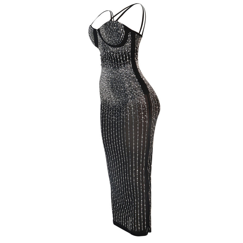 Black Mesh Rhinestone Plus Size Sling Dress TQK310775-2