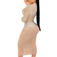 Apricot Mesh Rhinestone Beading Padded Long Sleeve Dress TQK311127-18