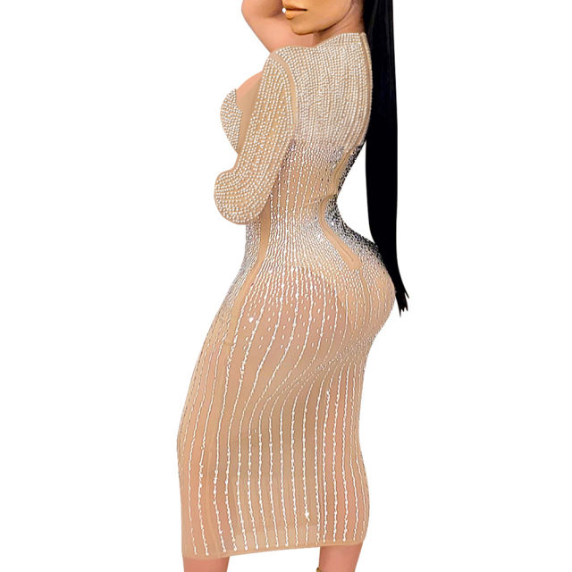 Apricot Mesh Rhinestone Beading Padded Long Sleeve Dress TQK311127-18