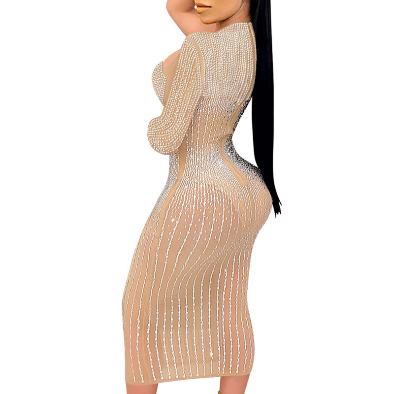 Apricot Mesh Rhinestone Beading Padded Long Sleeve Dress TQK311127-18